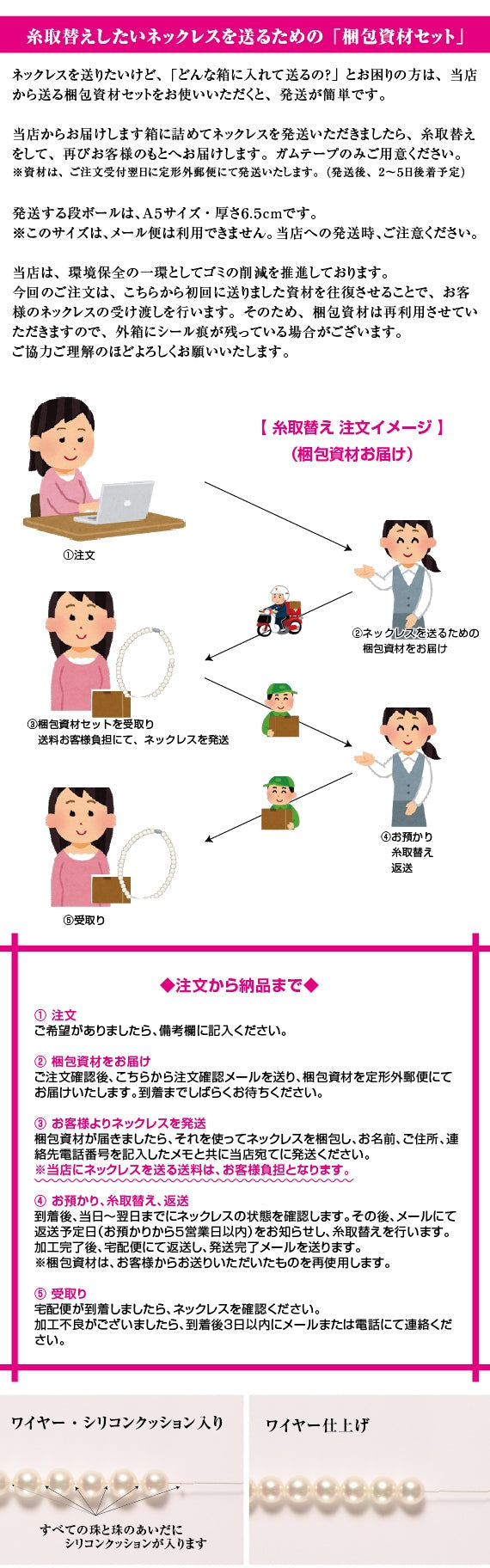 【送料無料】【梱包資材を先にお届け】 真珠ネックレスの糸取替え(ワイヤー・オールシリコンクッション入) 一連・フォーマルタイプ・長さ約45cmまで ※本真珠・イミテーション問いません