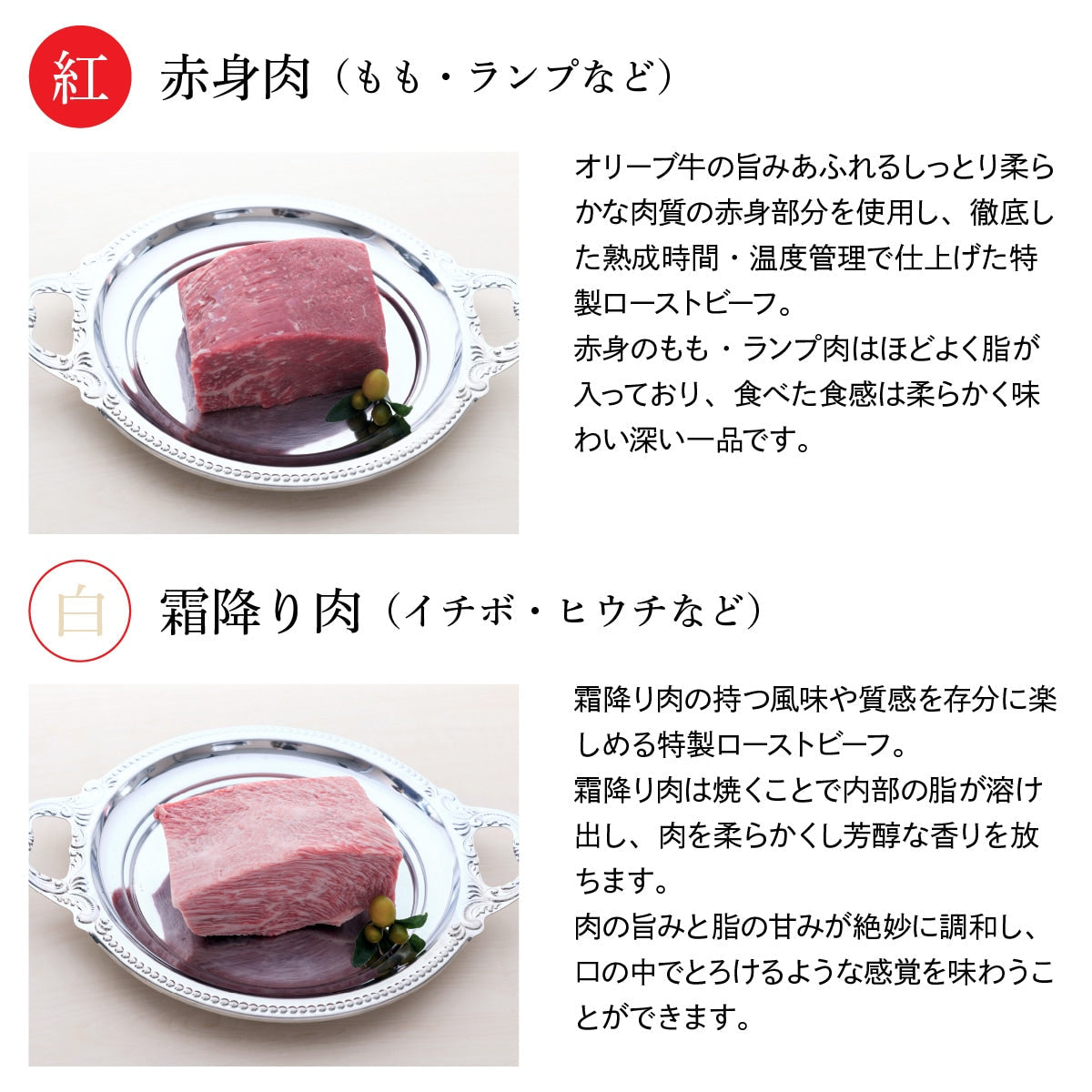 ☆送料無料☆【セット割で440円おトク!】 縁起の良い紅白セット 【2つの味が堪能できる】オリーブ牛 ローストビーフ 霜降り肉&赤身肉