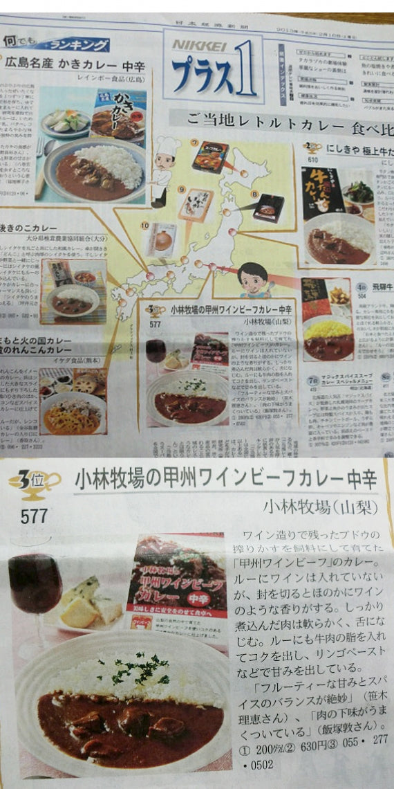 【NIKKEIプラス1に掲載!】【小林牧場産牛肉使用】「ご当地レトルトカレー食べ比べ」にて第3位!】小林牧場の甲州ワインビーフカレー(中辛)