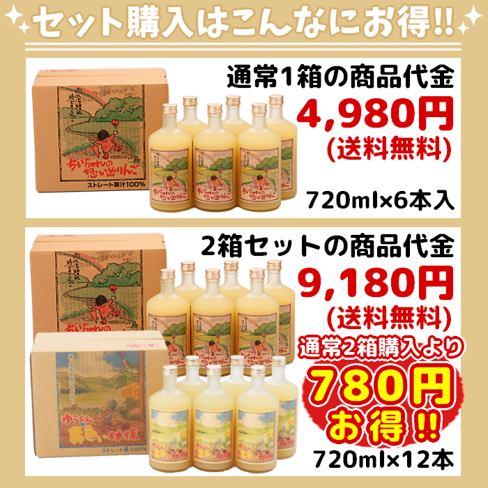 【ギフト対応】青森 りんごジュース「ちいちゃんの想い出りんご」「ゆうくんの黄色い林檎」720ml×6本入2箱セット【送料込】