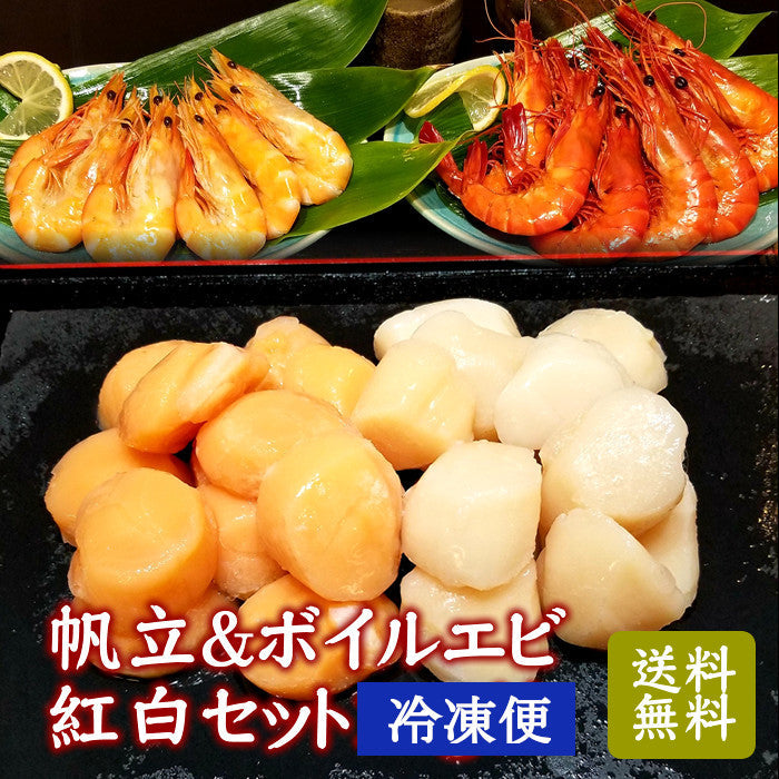 帆立＆ボイルエビ紅白セット　帆立(白)250g・帆立(赤)250g・ボイルエビ(白)10尾入・ボイルエビ(赤)10尾入 送料無料※沖縄は別途