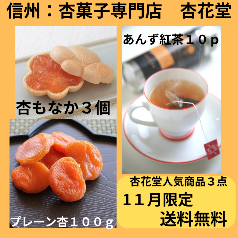 ●【１１月限定10セットのみ・送料無料・４７クラブ限定】【あんず紅茶・プレーン杏・杏もなか】【杏花堂人気３種セット】あんず紅茶１０ｐ★信州産あんずのドライフルーツ・プレーン杏（あま杏）１００ｇ★杏もなか３個入れ【送料無料＊沖縄のみ別途】