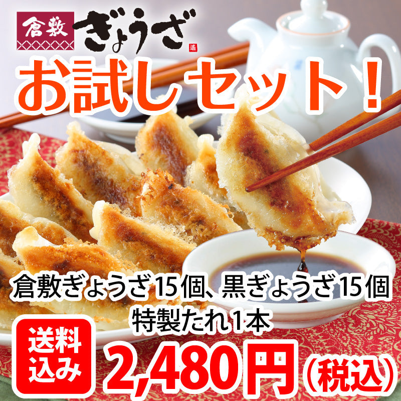 【お試し】★ランキング1位獲得！★まずはお試し！初回購入限定！送料込み 倉敷ぎょうざのお試し食べ比べセット（倉敷ぎょうざ15個、黒ぎょうざ15個、特製たれ1本）