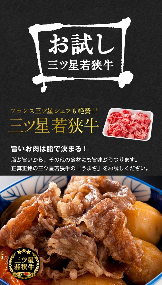 【お試し】 三ツ星若狭牛〈切り落とし〉500g（4～5人前）［冷蔵便］