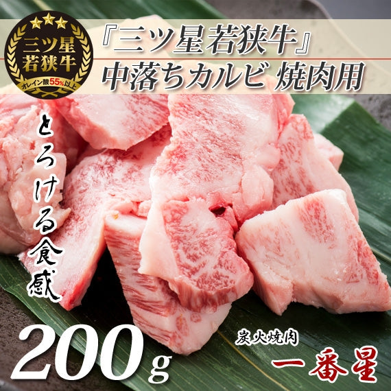 『三ツ星若狭牛』中落ちカルビ(焼肉用)[200g×1]　【特製醤油漬けタレ付き】 高級黒毛和牛 若狭牛 ゲタ 焼肉 福井特産〈冷凍便〉【お中元2023】【精肉・肉加工品】
