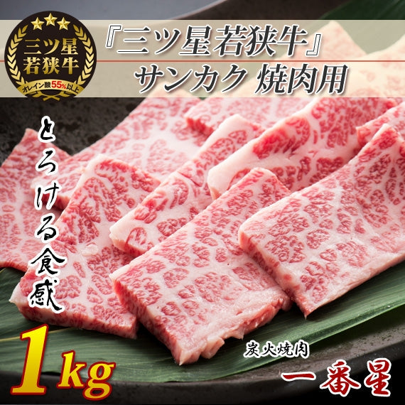 【送料無料】『三ツ星若狭牛』サンカク(焼肉用)1kgセット[200g×5]　【特製醤油漬けタレ付き】 高級黒毛和牛　若狭牛 三角バラ 焼肉 福井特産〈冷凍便〉【お中元2023】【精肉・肉加工品】