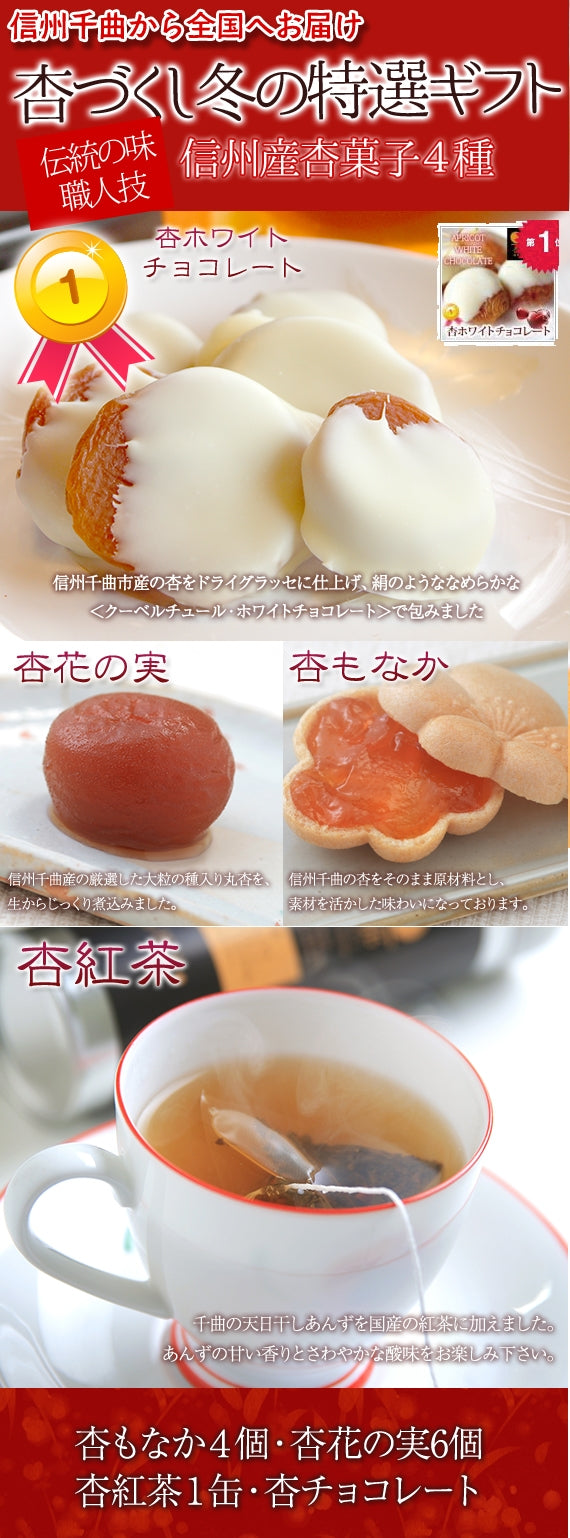 【期間限定10月～3月販売】【冬季限定】信州産杏づくし★杏もなか・杏花の実・あんず紅茶・杏チョコ（ホワイト）　詰合せセットE【スイーツ】