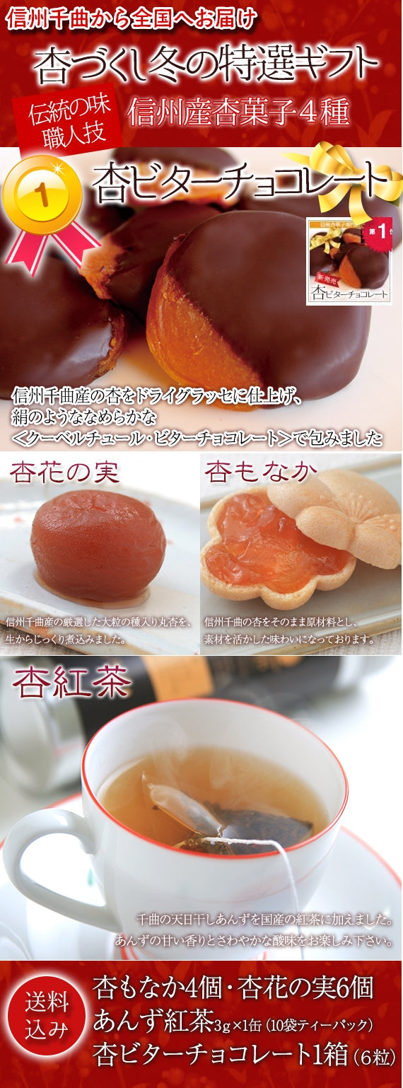 【期間限定11月～3月販売】【冬季限定・送料込】信州産杏づくし★杏もなか・杏花の実・あんず紅茶・杏チョコ（ビター）　詰合せセットE【スイーツ】
