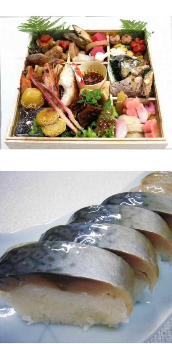 【お得です！】おせち七寸一段重(白木重箱付)と京の伝統の鯖寿司6巻セット【※北海道/青森/秋田/岩手/沖縄エリアお届け不可】