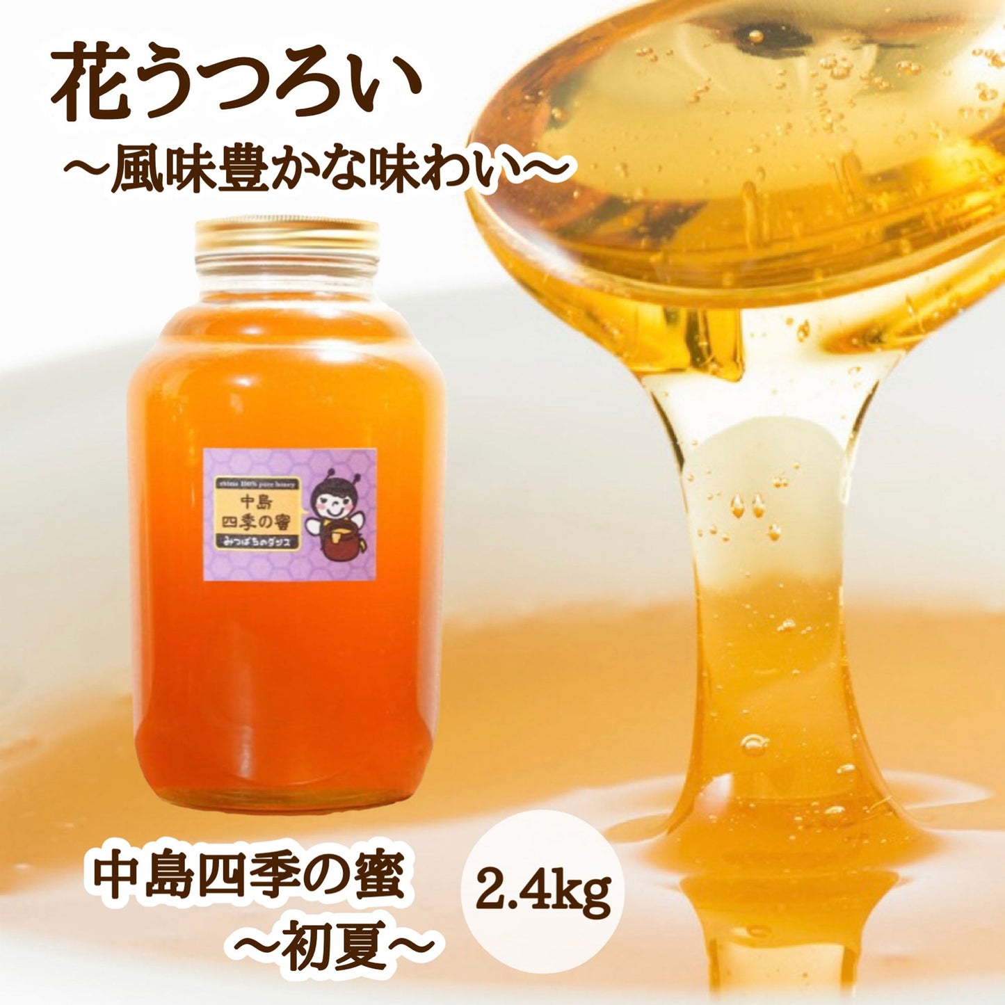 はちみつ　令和7年度産　新蜜　花うつろい～風味豊かな味わい～　「中島四季の蜜～初夏～」 愛媛県産　松山中島産純粋ハチミツ　中島四季の蜜～初夏～　2.4kg