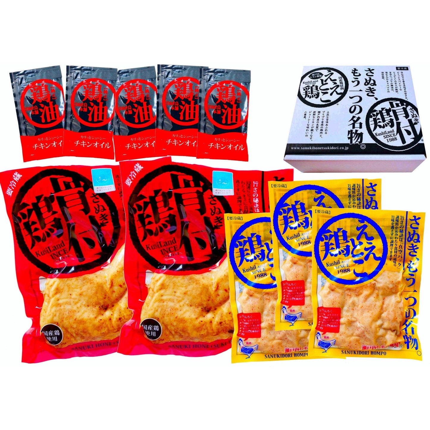 【冷蔵 送料込み】骨付鶏２本ええとこ鶏３袋セット　/骨付鶏２本、ええとこ鶏３袋、鶏油５袋入　/送料別途　/電子レンジで温めてフライパンで焼くだけ　/さぬきもう一つの名物　/香川郷土料理　/冷蔵食品　/ビールのお供　/お取り寄せグルメ /簡単調理　/惣菜　/鶏肉　/チキン　/骨付き鳥　/骨付鳥　/