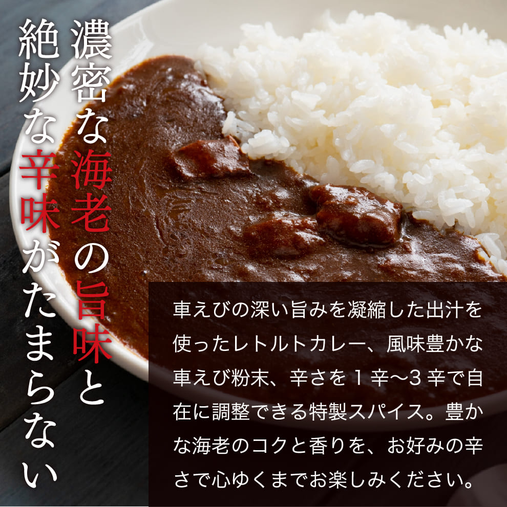 旨辛濃厚車えびカレー｜お試し価格1,080円＆メール便送料無料｜大分県姫島産車えび出汁を贅沢に使用したレトルトカレー、殻も頭も丸ごと粉末化した車えび粉末、特製スパイスの三種セット。自宅で簡単本格海老旨辛体験！忙しい平日や家飲みにもぴったりな逸品で、常温保存で長期ストックも可能