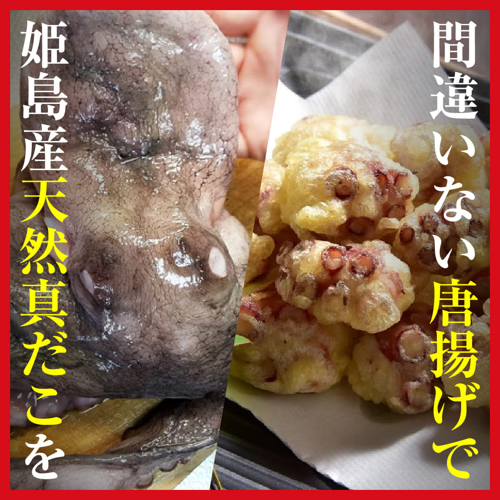 姫島産天然真だこの唐揚げセット！カット済み真だこ180g×1袋、専用唐揚げ粉40g×1袋！3袋購入で冷凍配送無料＆4袋購入で＋1袋プレゼント！簡単調理で百貨店催事と同じ味を再現できます｜たこ好きの大切な人へ｜誕生日・お祝いのプレゼントに｜専用化粧箱のし対応無料｜お中元の贈り物にも◎