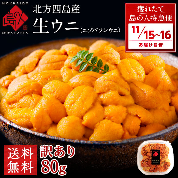 【11月15日～16日お届け】うに 北方四島産 天然生エゾバフンウニ 80g 【色が赤い訳あり品】【送料無料】