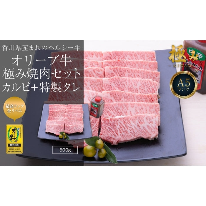 【A5ランク限定使用】☆OHK 岡山放送　金バク！でお宝認定されました!☆ オリーブ牛 焼肉セット / 極みカルピ(500g)＋特製中辛タレ1本(180g)