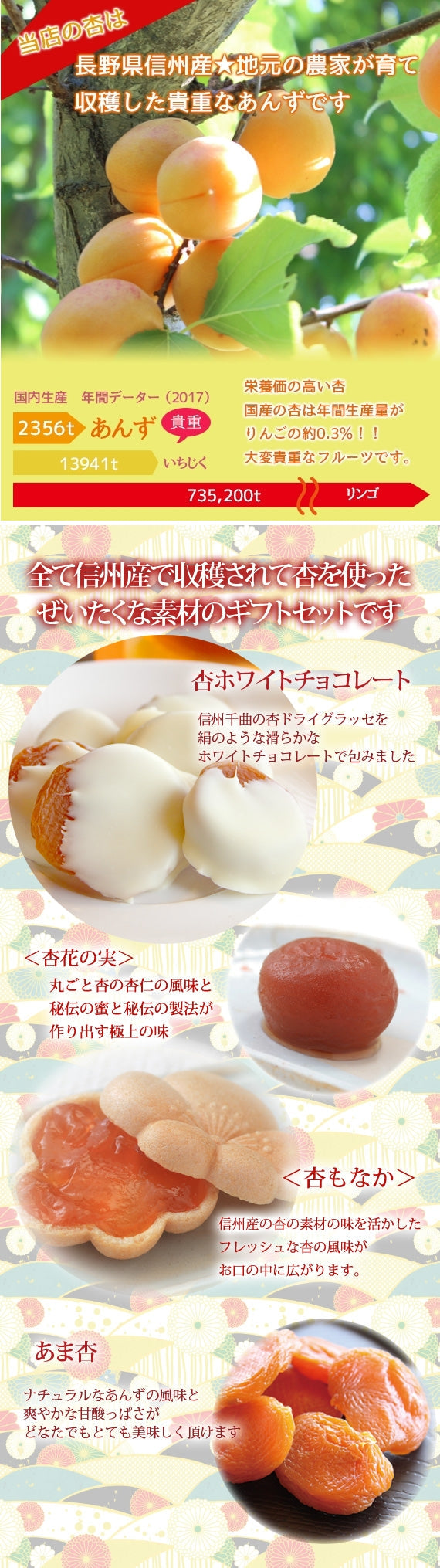【期間限定10月～3月販売】【冬季限定】信州産杏づくし★杏もなか・杏花の実・あま杏・杏チョコ(ホワイト)　詰合せセットA【スイーツ】