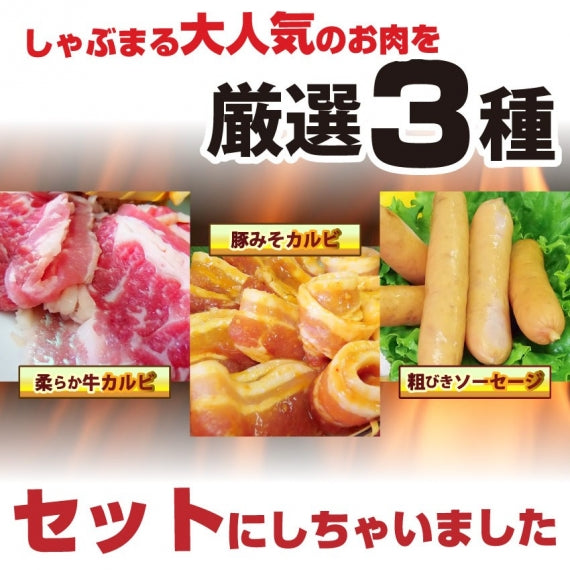 焼肉 セット 牛肉 肉 バーベキュー カルビセット 3種盛り ソーセージ お試し お歳暮 ギフト 食品 プレゼント お祝い キャンプ キャンプ飯
