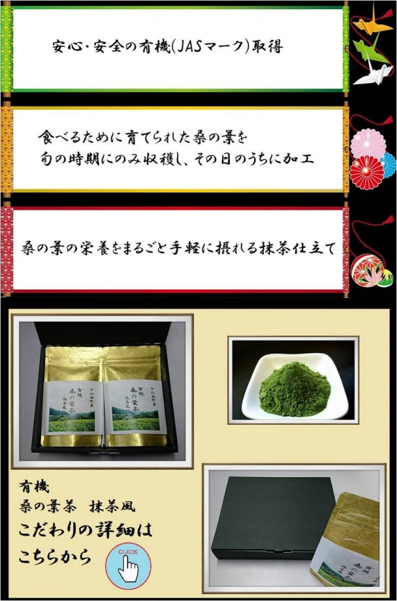 【有機桑の葉茶 抹茶風 ギフトセット　50g×2袋】毎日続けられる美味しさ。パウダータイプの桑茶です。