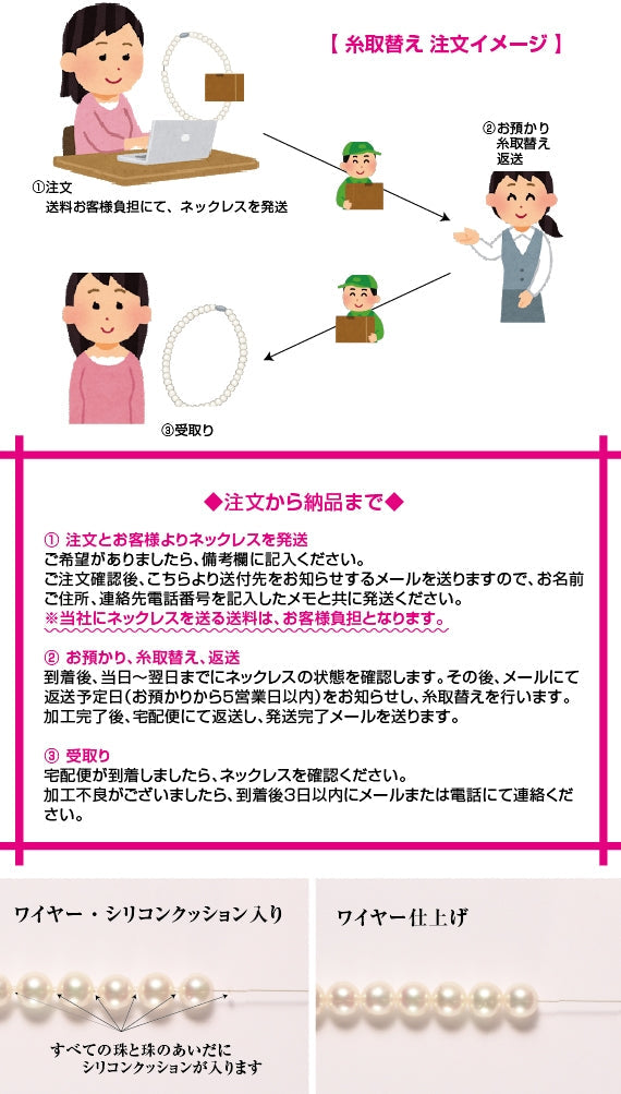 【送料無料】真珠ネックレスの糸取替え（ﾜｲﾔｰ･ｵｰﾙｼﾘｺﾝｸｯｼｮﾝ入）　一連・フォーマルタイプ、長さ約45cmまで　※本真珠・イミテーション問いません