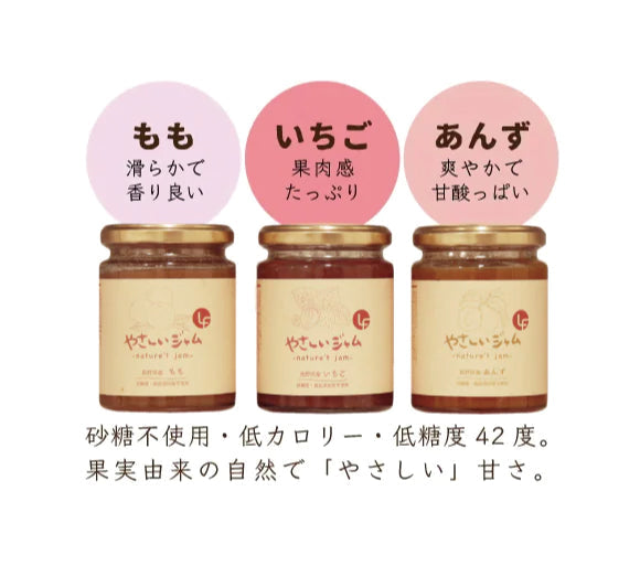 やさしいジャム 3種 3本セット 国産 瓶 フルーツ 低カロリー いちご もも あんず 離乳食 無添加 子供 1歳 2歳 国産 大容量 低糖質 砂糖不使用 添加物不使用