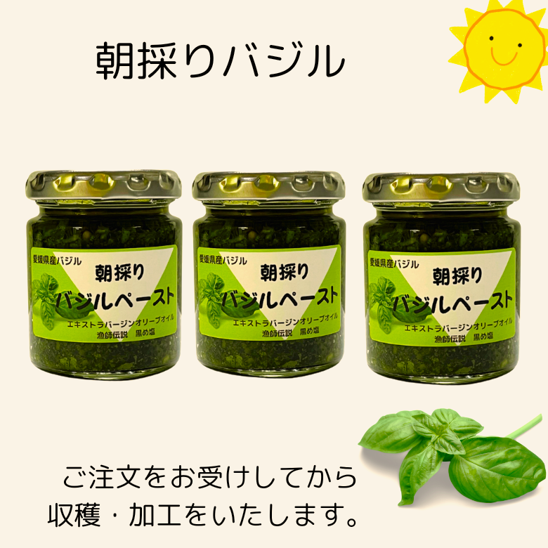 【送料込み・お得セット、3個入り】愛媛バジルの「朝採りバジルペースト」　ご注文後に収穫・加工! 新鮮バジルにエキストラバージンオイル100％ (クール便)