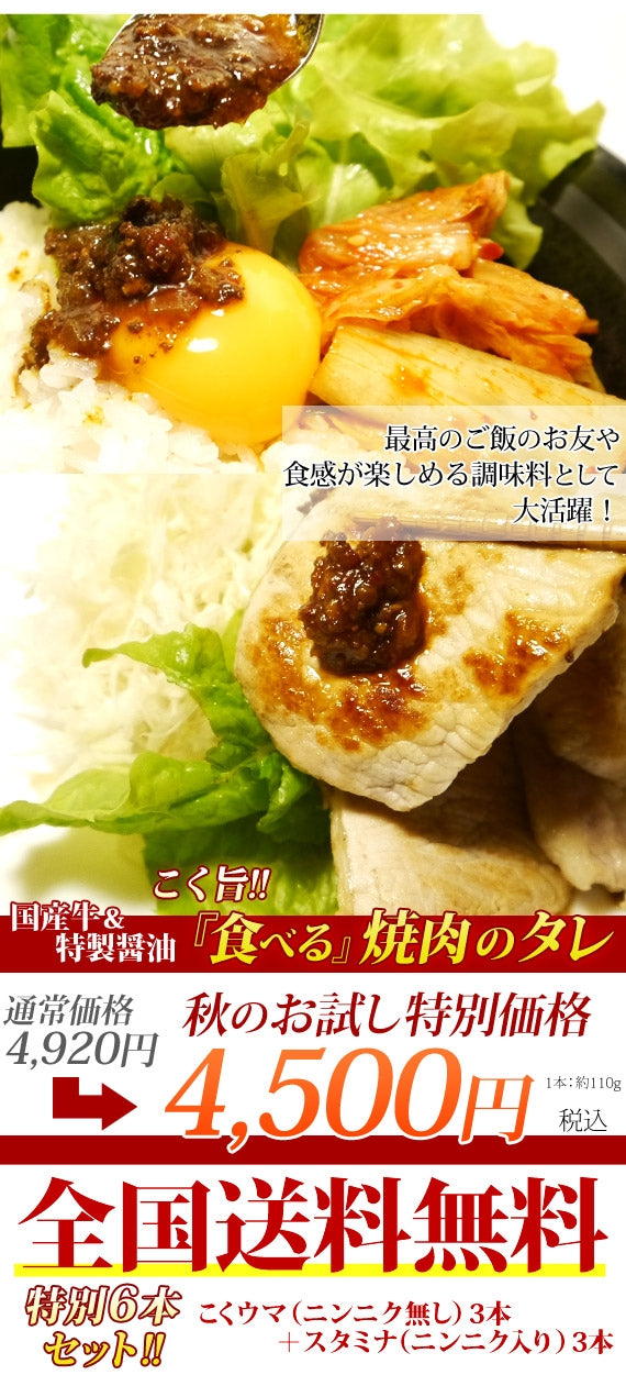 【送料無料】食べる焼肉のタレ特別 [6本セット]  朝日放送「なるみ・岡村の過ぎるTV！」＆日テレ「ヒルナンデス!」でも好評価♪　(食べる焼肉のタレ3本・食べる焼肉のタレ スタミナ3本)