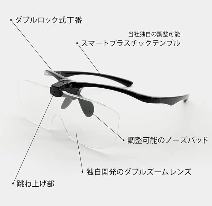 １枚のレンズにふたつの倍率で大きく見やすい。跳ね上げ式ルーペメガネ LL-12