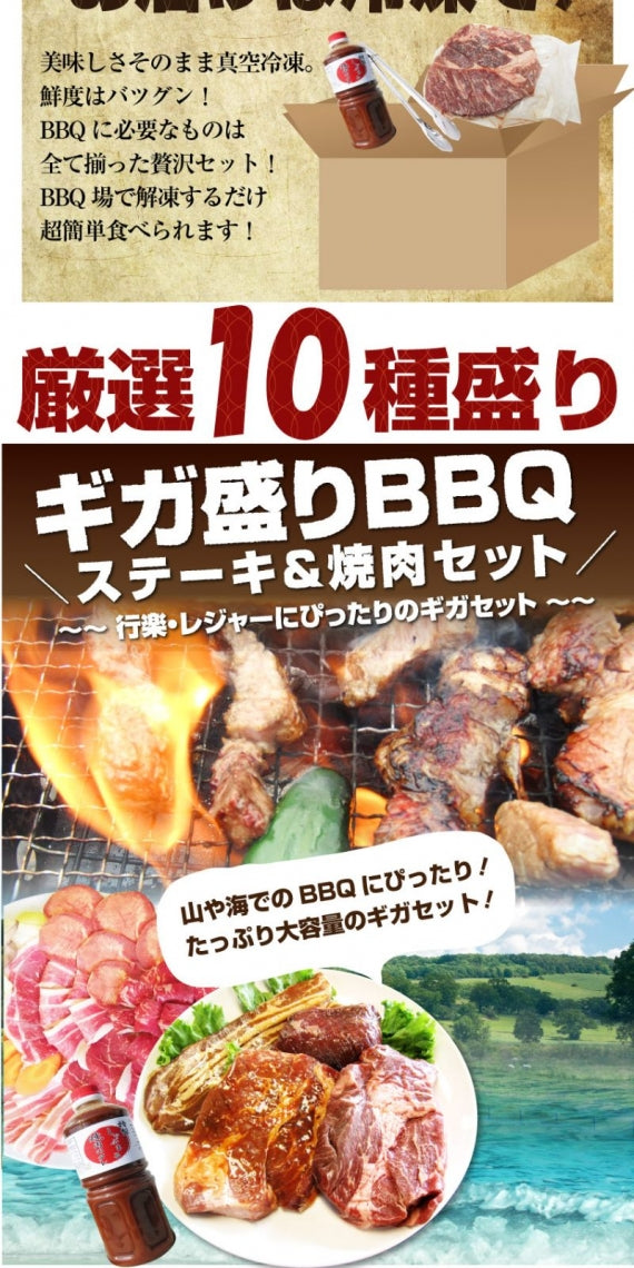 牛肉 肉 ステーキ＆焼肉 BBQ ギガ盛り 3kg超 福袋 肉祭り セット タレ ハサミ トング トレー付き お歳暮 ギフト 食品 プレゼント キャンプ キャンプ飯
