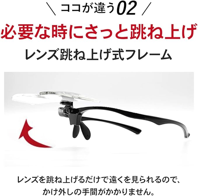 １枚のレンズにふたつの倍率で大きく見やすい。跳ね上げ式ルーペメガネ LL-12