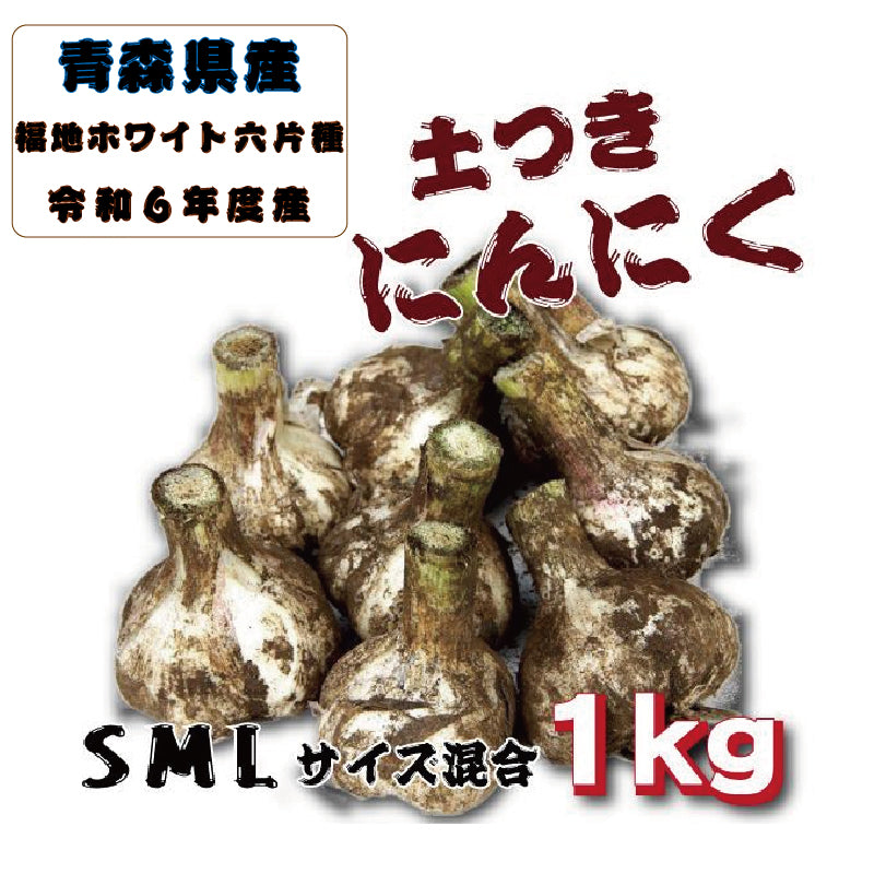 土付きにんにく1kg SML混合 令和6年度産新物 青森県産 福地ホワイト六片種 国産 送料別 道奥美女 みちのくびじょ【8069】