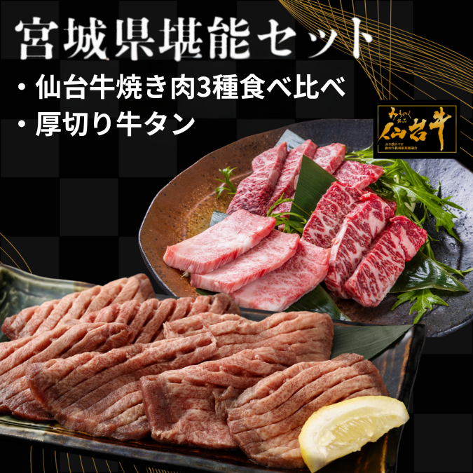 【宮城県堪能セット】仙台牛焼き肉3種食べ比べ　厚切り牛タン塩味　セット　焼き肉用