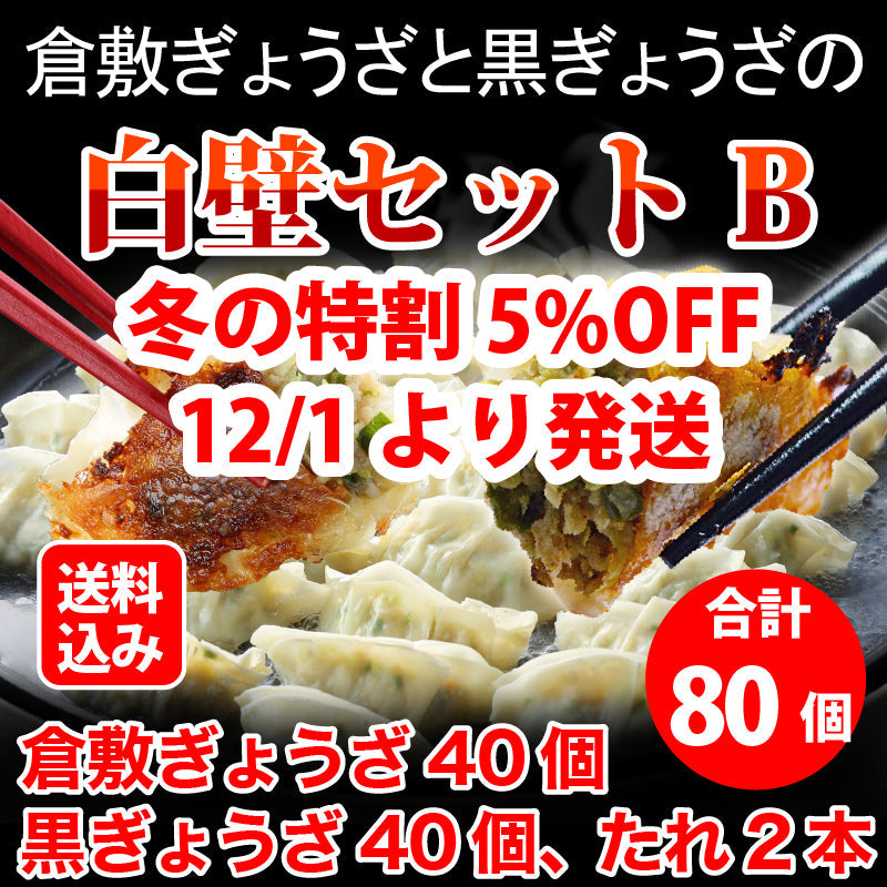 【冬の特割5%OFF 2026/1/31まで】★送料込み★倉敷ぎょうざと黒ぎょうざの白壁セットB（倉敷ぎょうざ40個・ 黒ぎょうざ40個・たれ2本）