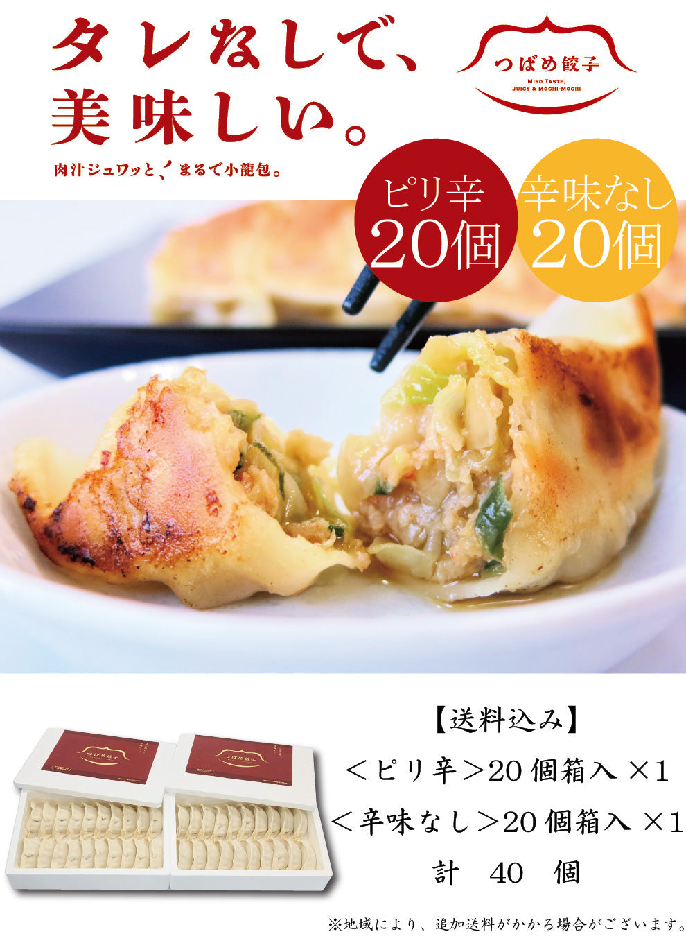 【2種食べ比べ】【タレなしでうまい！】つばめ餃子(ピリ辛・辛味なし)各20個（20個入り発泡スチロール×2）【送料込み】