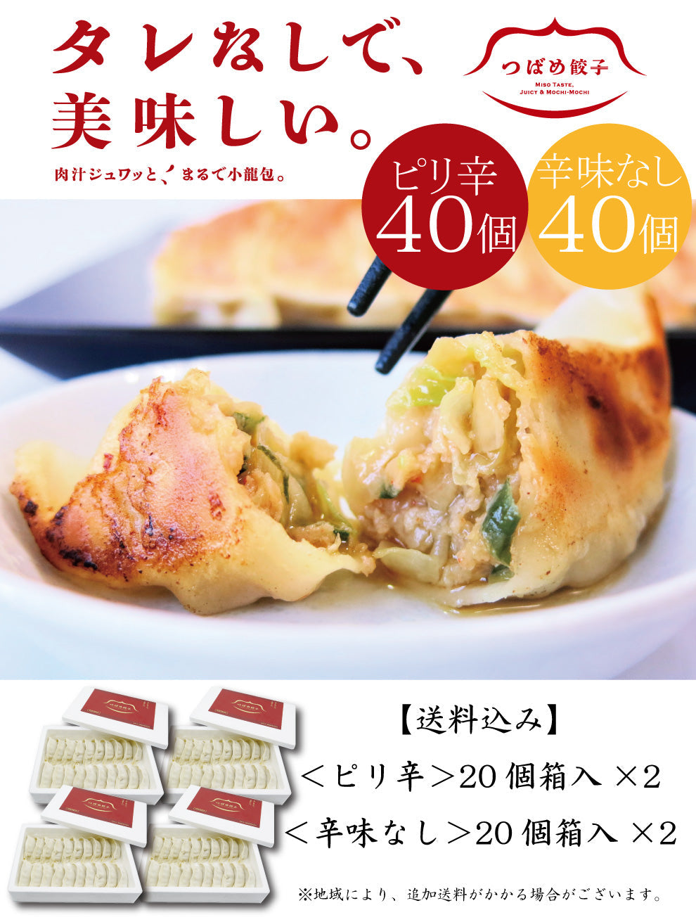 【2種食べ比べ】【タレなしでうまい！】つばめ餃子(ピリ辛・辛味なし)各40個（20個入り発泡スチロール×4）【送料込み】