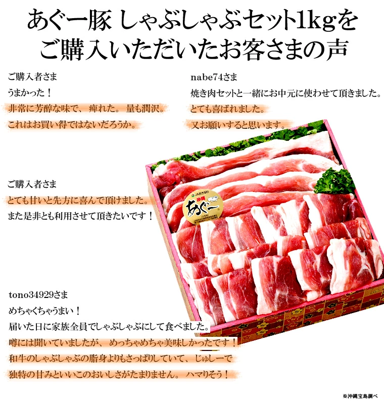 あぐー豚肉しゃぶしゃぶセット1kg（ウデ肉またはモモ肉）200g×5　お歳暮　ギフト（送料無料）
