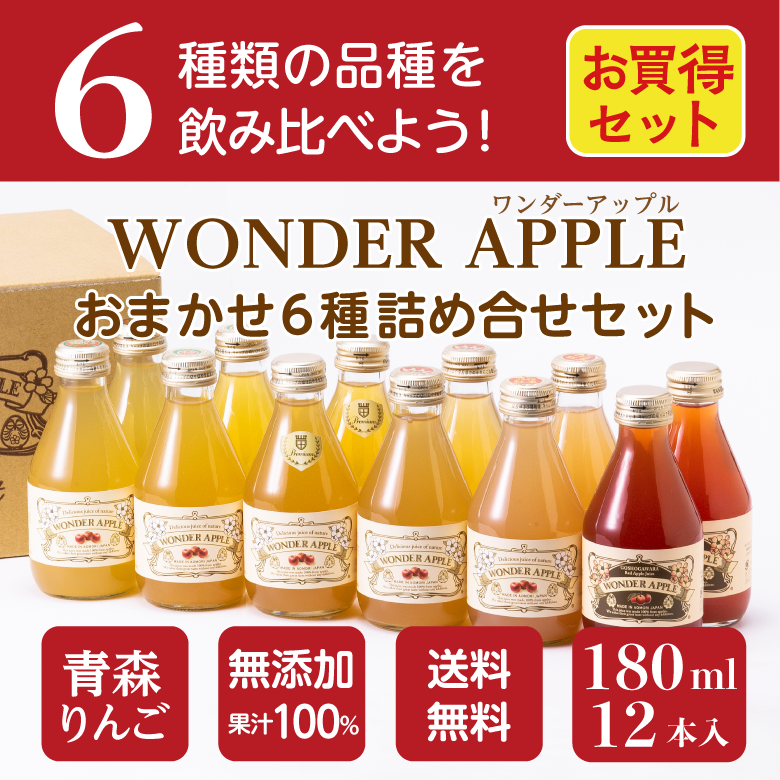 青森県産　りんごジュース　ＷＯＮＤＥＲ　ＡＰＰＬＥ　おまかせ　６種詰め合せセット　１２本入り【送料無料】