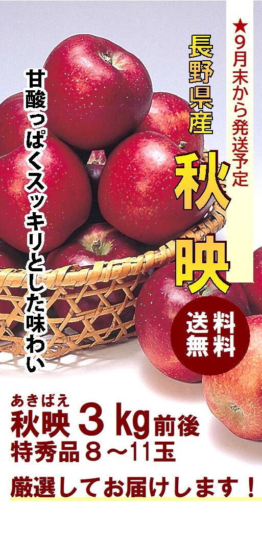 【売り切れ】【送料無料】長野県産秋映(あきばえ) 特秀品・3㎏前後（8～11玉）9月末から発送予定※北海道・九州追加送料200円、沖縄追加送料400円
