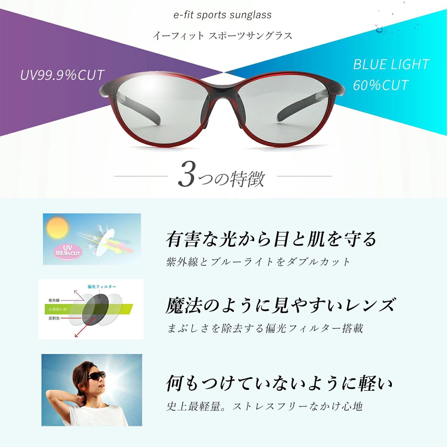 レディース サングラス スポーツ uvカット 薄色レンズ ブルーライトカット スポーツサングラス 偏光 ゴルフ テニス ドライブ ランニング ジョギング イーフィット E-FIT  EF-S209HLSM