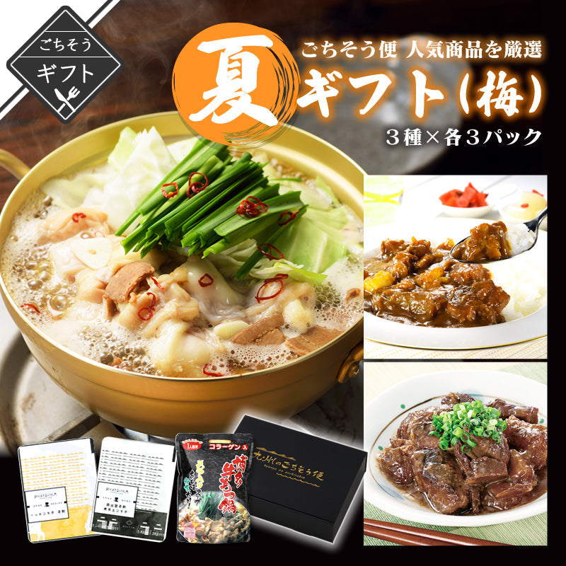 【ギフト】日祥の人気商品を集めた夏ギフト『梅』3種 　(牛すじどて煮/牛すじカレー/もつ鍋)【送料無料】【レトルト常温長期保存】