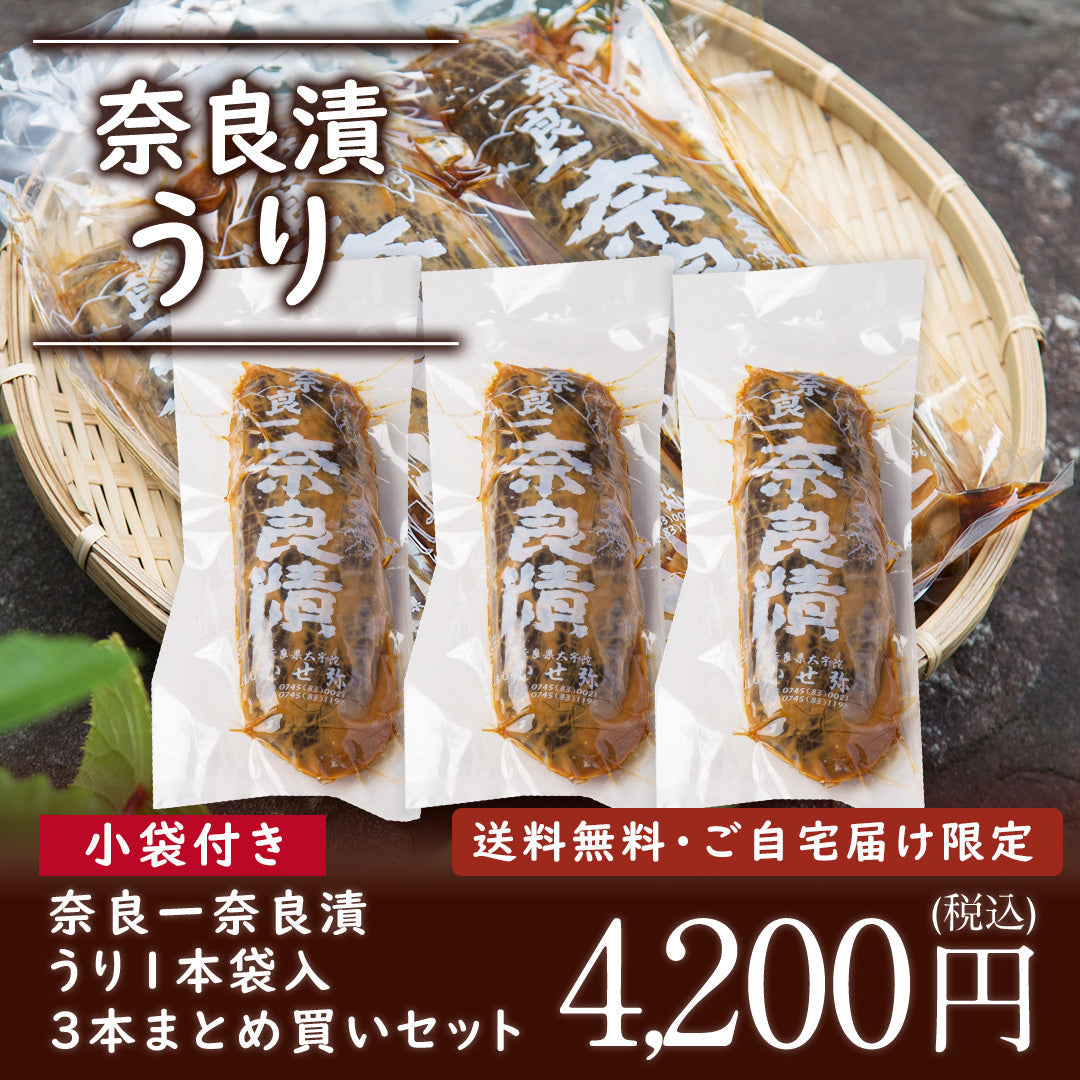 【帰省のおみやげにピッタリ、8/5まで送料無料】奈良一奈良漬 うり1本袋入り 300g × ３本　まとめ買いセット