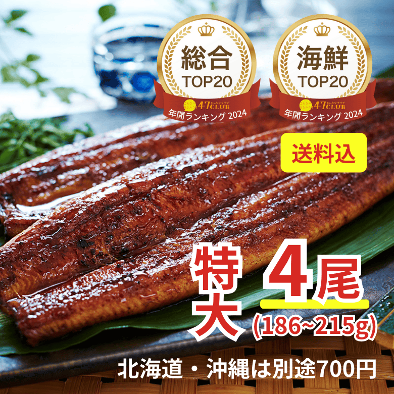 鹿児島県産うなぎ蒲焼　特大４尾（送料込み）