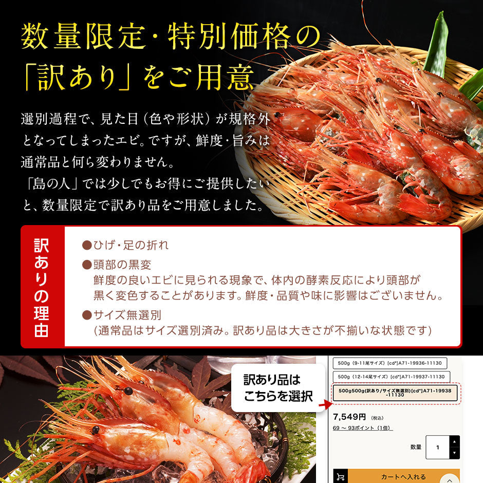 北海道産 お刺身ボタンエビ 500g（9-11尾サイズ／12-14尾サイズ／訳あり無選別）【送料無料】