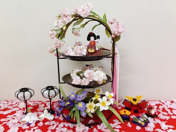 【ひな飾り・端午の節句飾り】春の花飾り三段セット(桜・スイセン・菖蒲)送料無料